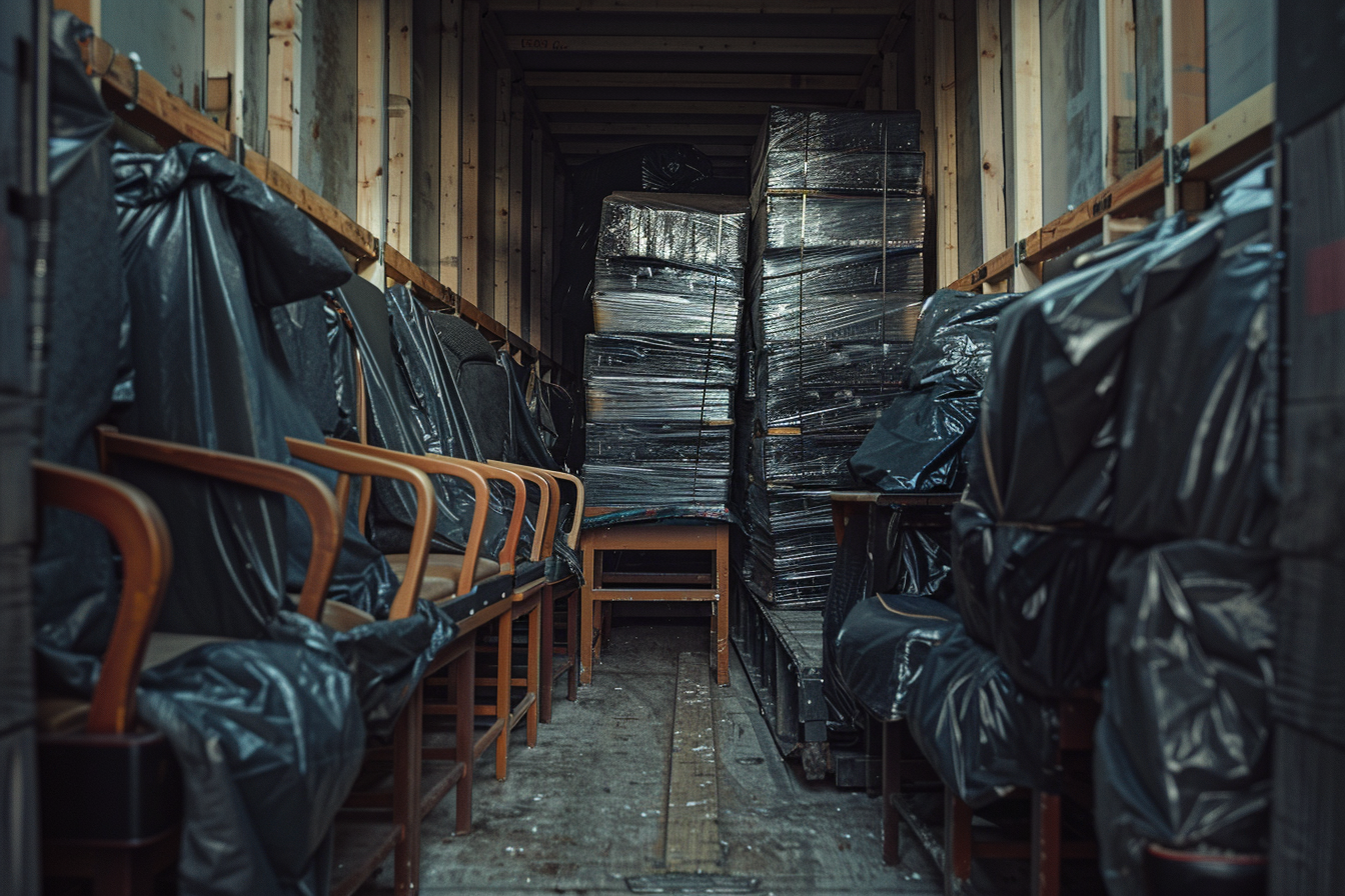 Unterschiedliche Möbel und Stühle in einem Umzugswagen verpackt in schwarzer Folie