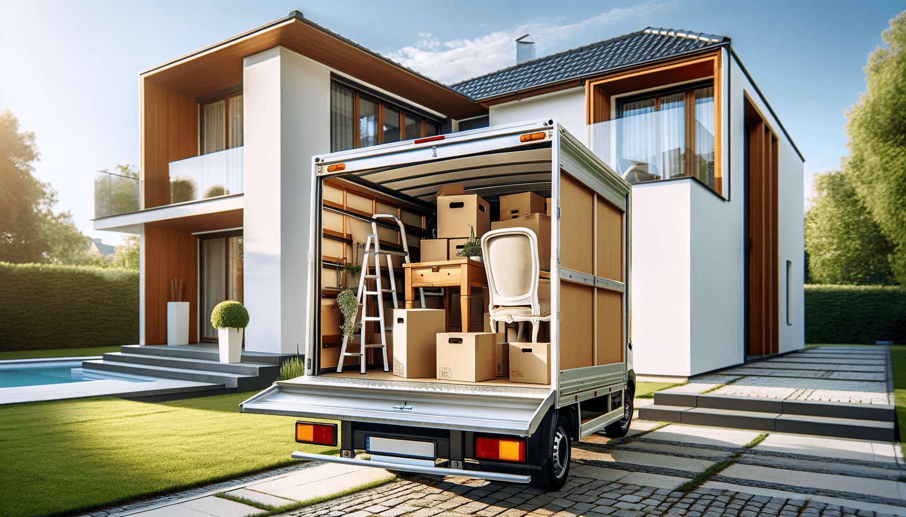 Ein Umzugswagen vollgepackt mit Umzugskartons und Möbeln vor einem modernen Einfamilienhaus